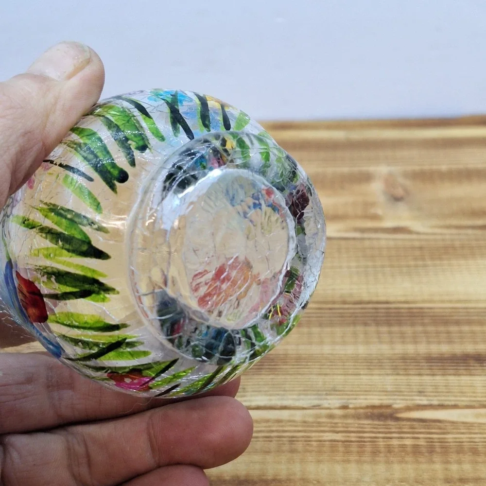 Crackle Glass Vase With Painted Flowers  3.5